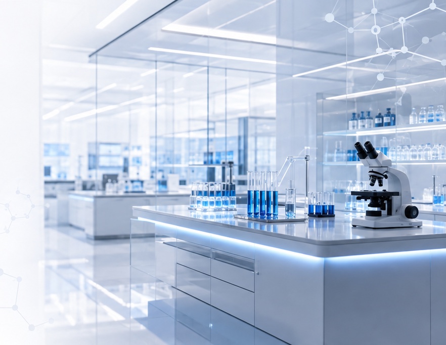 A bright laboratory with glass partitions, an underlit white bench, racks of blue test tubes and a microscope.